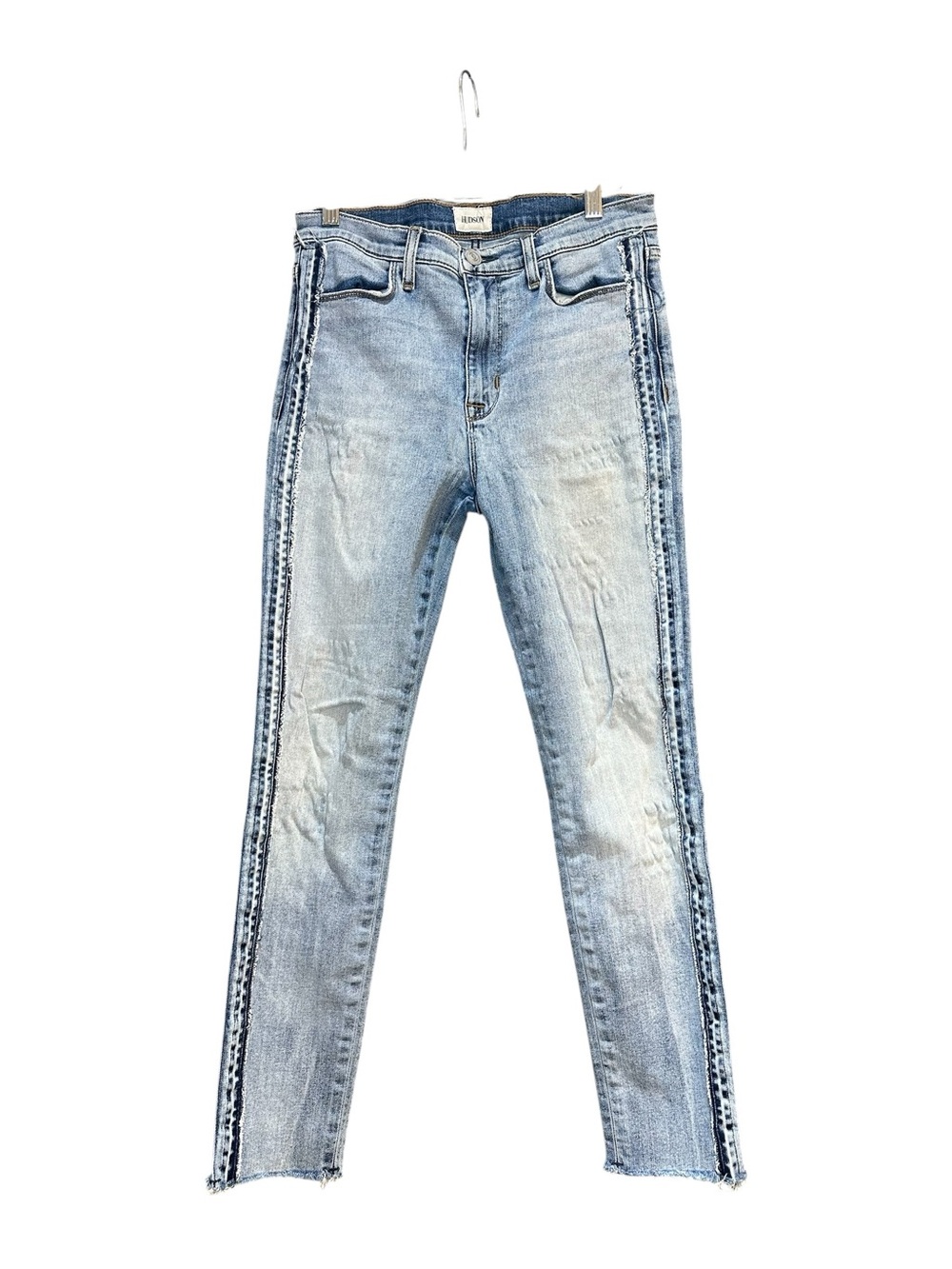 Hudson Jeans Light Wash Skinny Jeans with Frayed Side Hem Trim Detail